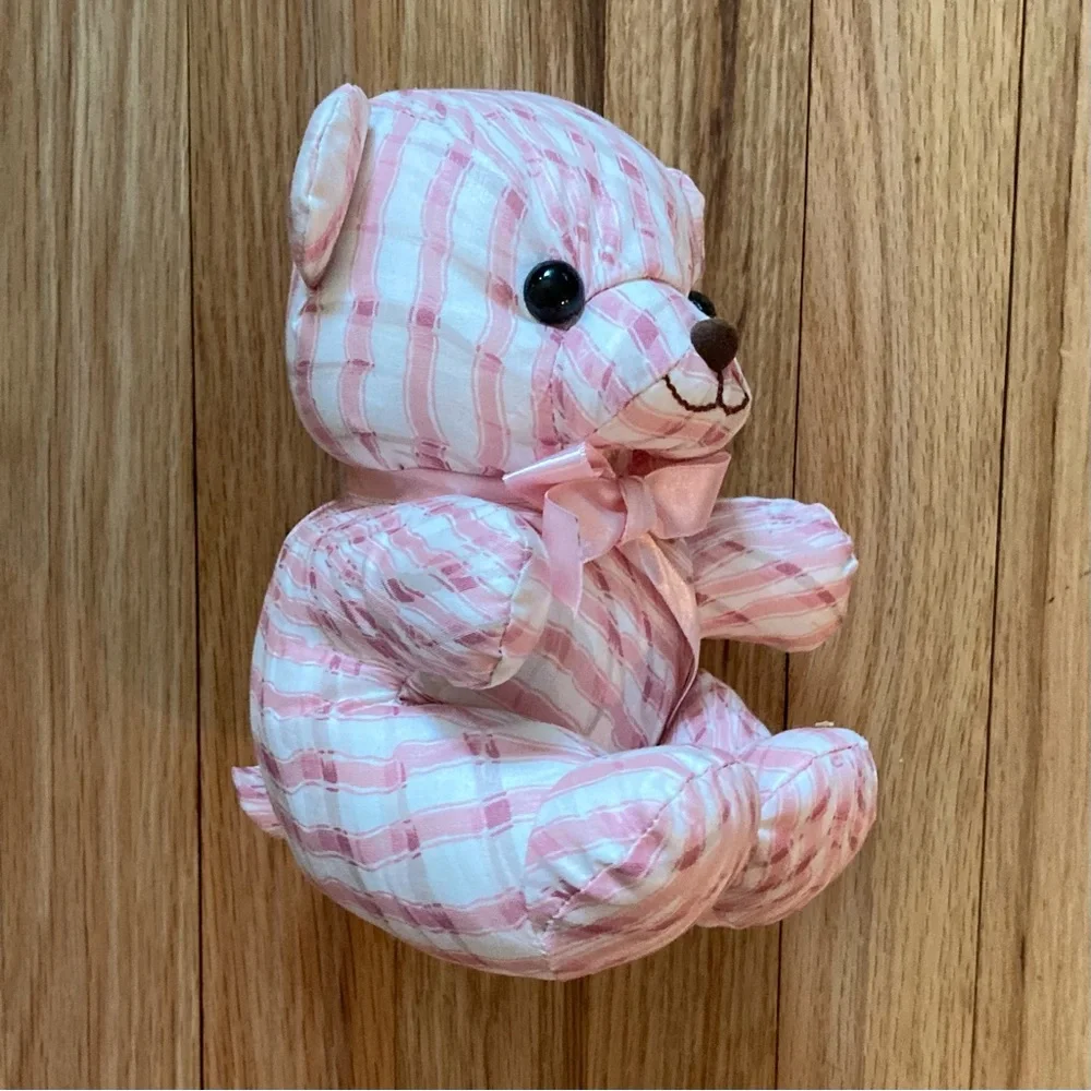 NWOT Saks Fifth Avenue Vintage Pink/White w/It. tan Striped Bear, stuffed muslin